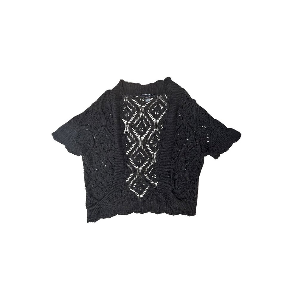 Sharagano Womens Black Knit Short Sleeve Cardigan Large Lightweight 1820
